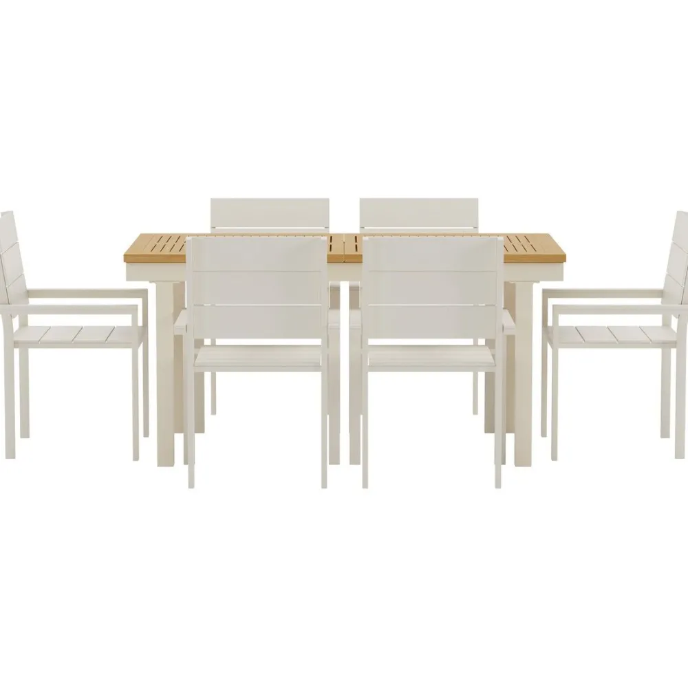 Online Ruokailuryhmä ulos , luonnollisenvärinen Panama-pöytä 160x90cm + 6 beigeä Levels-tuolia Ruokailuryhmät Ulos