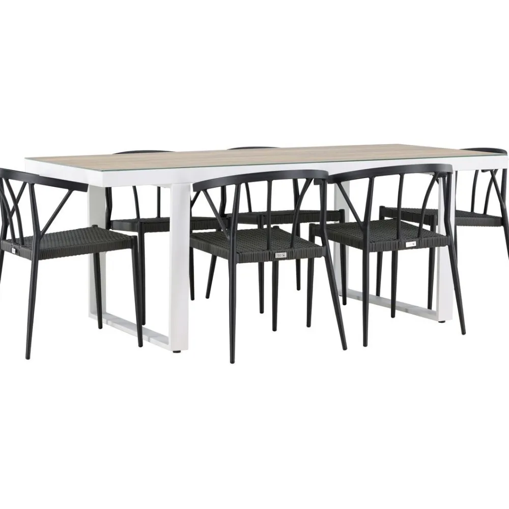 Ruokailuryhmä , 200x90cm, beige/valkoinen Merlo-pöytä + 6 mustaa Stina-tuolia*Venture Home Hot