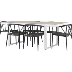 Ruokailuryhmä , 200x90cm, beige/valkoinen Merlo-pöytä + 6 mustaa Stina-tuolia*Venture Home Hot