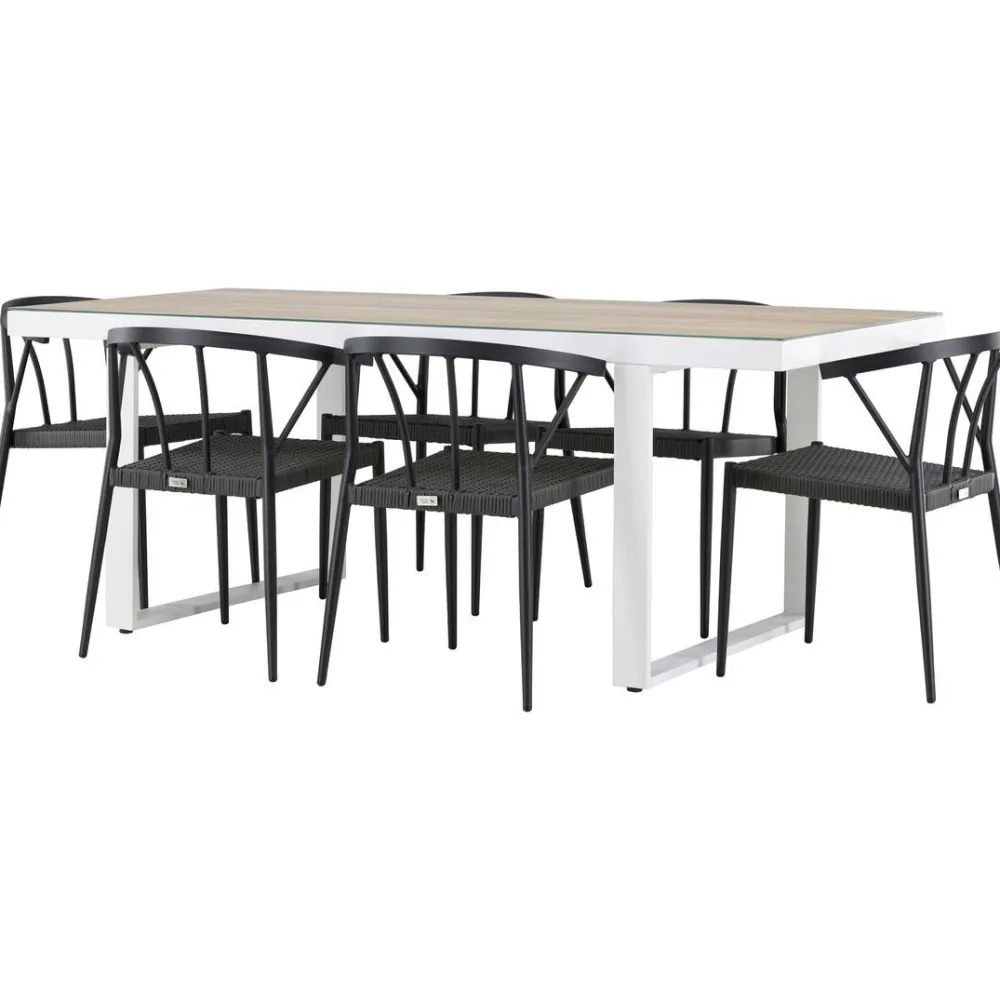 Ruokailuryhmä , 200x90cm, beige/valkoinen Merlo-pöytä + 6 mustaa Stina-tuolia*Venture Home Hot