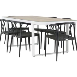 Ruokailuryhmä , 200x90cm, beige/valkoinen Merlo-pöytä + 6 mustaa Stina-tuolia*Venture Home Hot