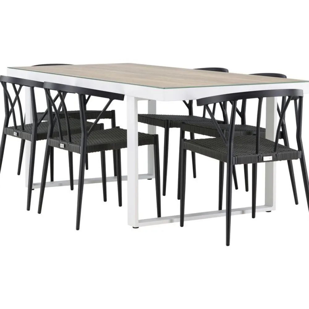Ruokailuryhmä , 200x90cm, beige/valkoinen Merlo-pöytä + 6 mustaa Stina-tuolia*Venture Home Hot