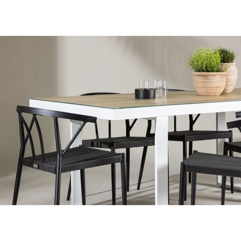 Ruokailuryhmä , 200x90cm, beige/valkoinen Merlo-pöytä + 6 mustaa Stina-tuolia*Venture Home Hot