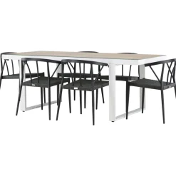 Ruokailuryhmä , 200x90cm, beige/valkoinen Merlo-pöytä + 6 mustaa Stina-tuolia*Venture Home Hot