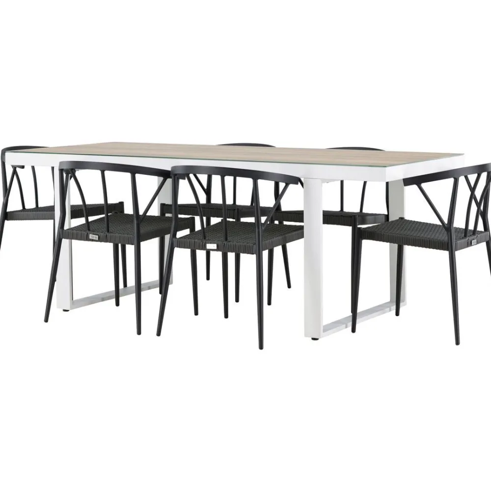 Ruokailuryhmä , 200x90cm, beige/valkoinen Merlo-pöytä + 6 mustaa Stina-tuolia*Venture Home Hot