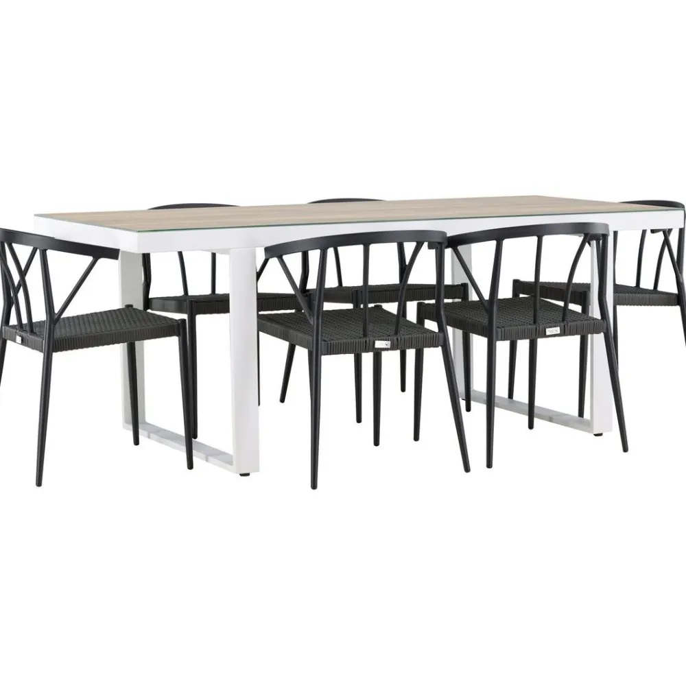 Ruokailuryhmä , 200x90cm, beige/valkoinen Merlo-pöytä + 6 mustaa Stina-tuolia*Venture Home Hot
