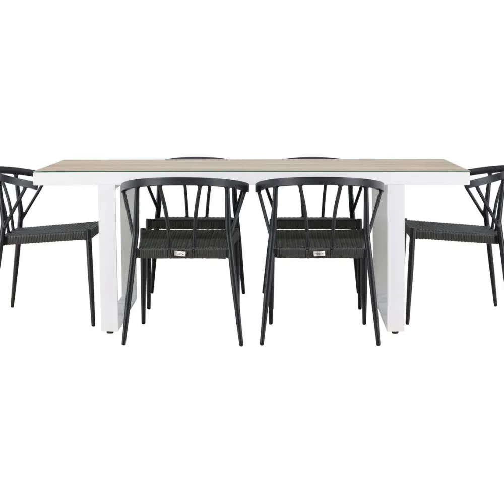 Ruokailuryhmä , 200x90cm, beige/valkoinen Merlo-pöytä + 6 mustaa Stina-tuolia*Venture Home Hot