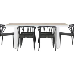 Ruokailuryhmä , 200x90cm, beige/valkoinen Merlo-pöytä + 6 mustaa Stina-tuolia*Venture Home Hot