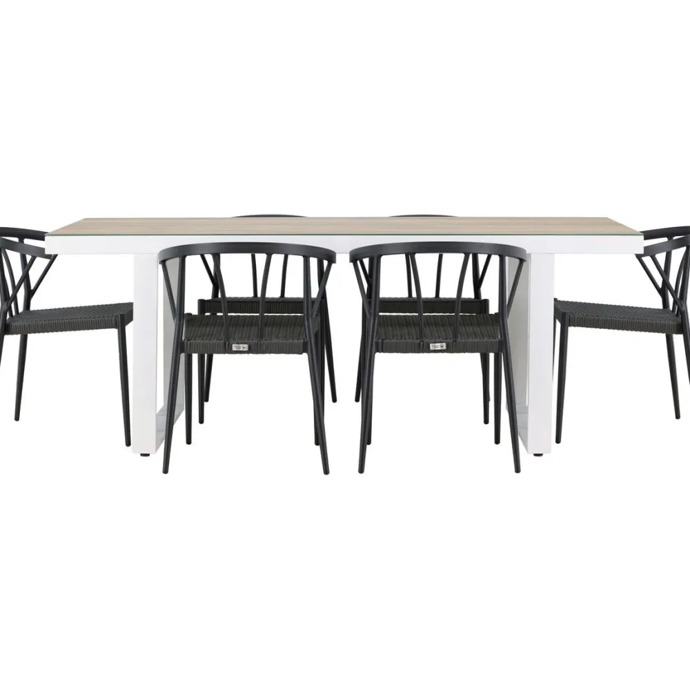 Ruokailuryhmä , 200x90cm, beige/valkoinen Merlo-pöytä + 6 mustaa Stina-tuolia*Venture Home Hot