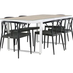 Ruokailuryhmä , 200x90cm, beige/valkoinen Merlo-pöytä + 6 mustaa Stina-tuolia*Venture Home Hot