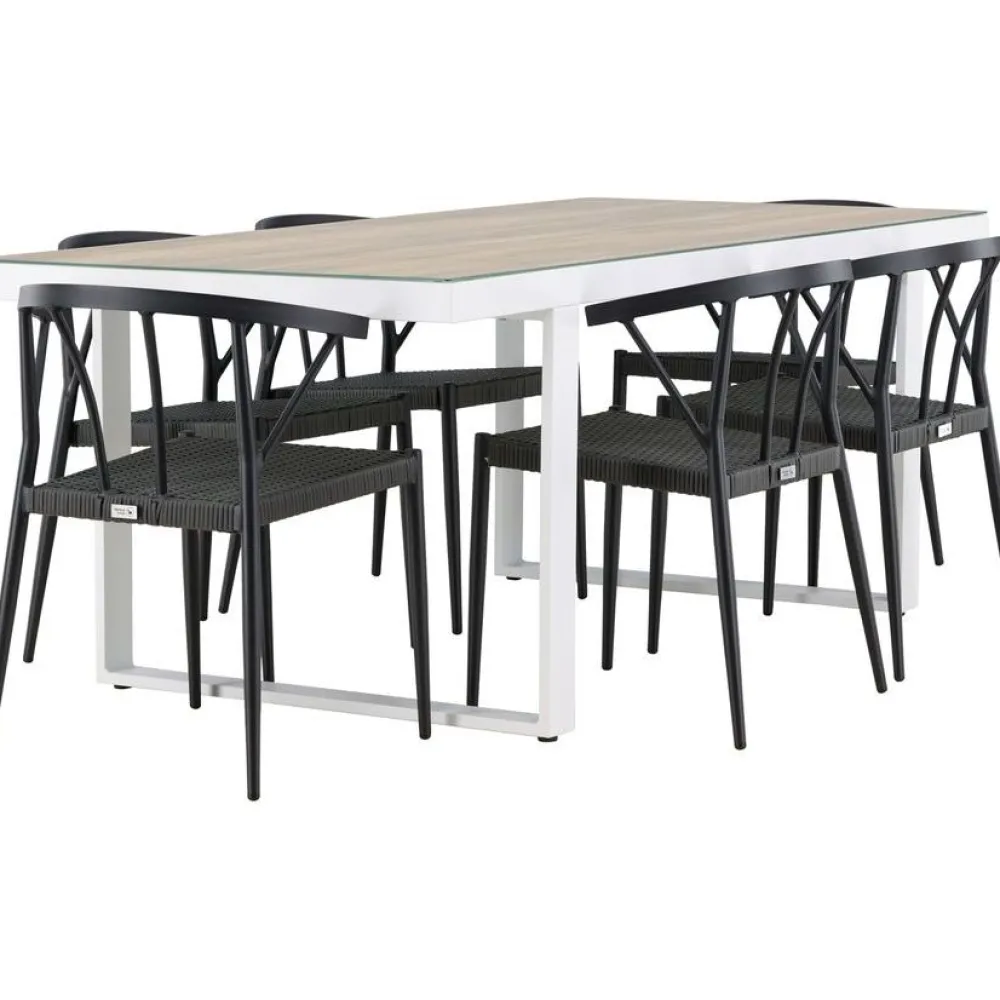 Ruokailuryhmä , 200x90cm, beige/valkoinen Merlo-pöytä + 6 mustaa Stina-tuolia*Venture Home Hot