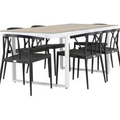Ruokailuryhmä , 200x90cm, beige/valkoinen Merlo-pöytä + 6 mustaa Stina-tuolia*Venture Home Hot