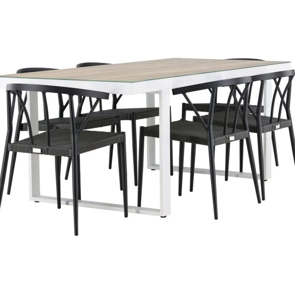 Ruokailuryhmä , 200x90cm, beige/valkoinen Merlo-pöytä + 6 mustaa Stina-tuolia*Venture Home Hot