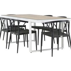 Ruokailuryhmä , 200x90cm, beige/valkoinen Merlo-pöytä + 6 mustaa Stina-tuolia*Venture Home Hot