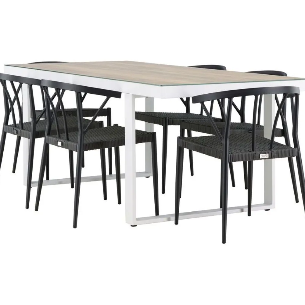 Ruokailuryhmä , 200x90cm, beige/valkoinen Merlo-pöytä + 6 mustaa Stina-tuolia*Venture Home Hot