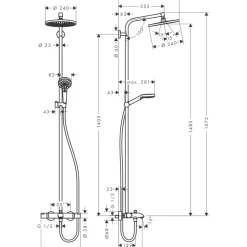 Sadesuihkusetti Crometta S Showerpipe 240 1jet, termostaattihanalla, juoksuputkella, suihkupää ⌀240mm, kiiltävä kromi*Hansgrohe Online
