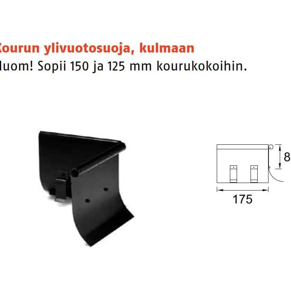 Sadevesijärjestelmä puolipyöreä: kourun ylimenosuoja, kulma, eri värejä*Ruukki Online