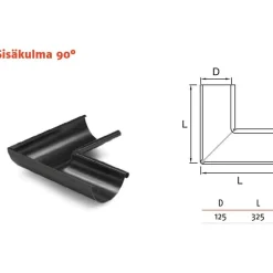 Sadevesijärjestelmä puolipyöreä: kourun sisäkulma 90° ø125mm, eri värejä*Ruukki New