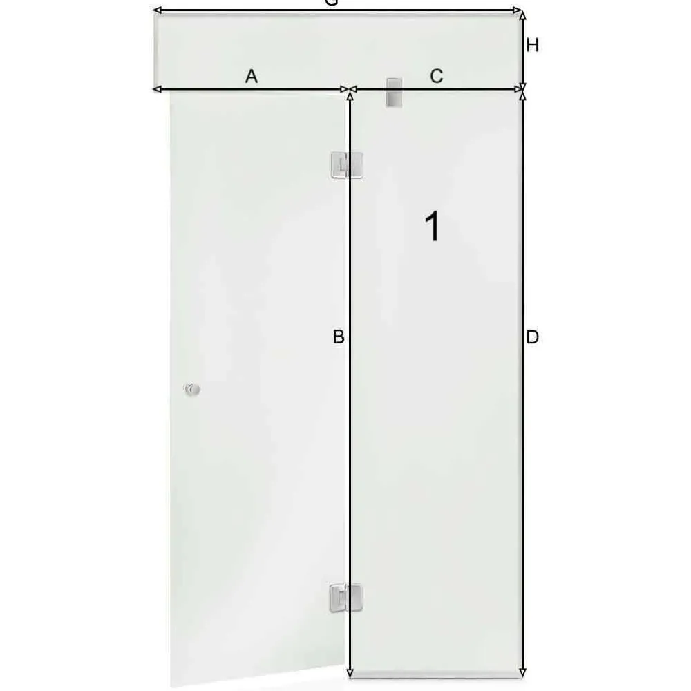 Saunan lasiseinä Glass, ovi, iso lisäpala, korkea ikkuna, saranat keskellä, oikea*Andres New