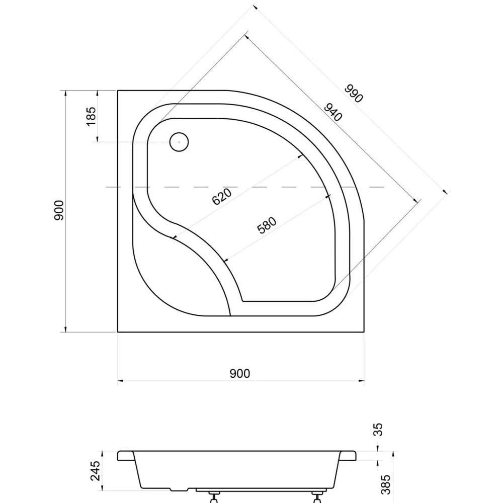 New Suihkunurkan allas Deep Tray etulevyllä 900x900x380 mm Suihkualtaat