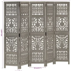 Tilanjakaja 5-paneelinen harmaa 200x165 cm täysi mangopuu (85333)*FinePRICE Best