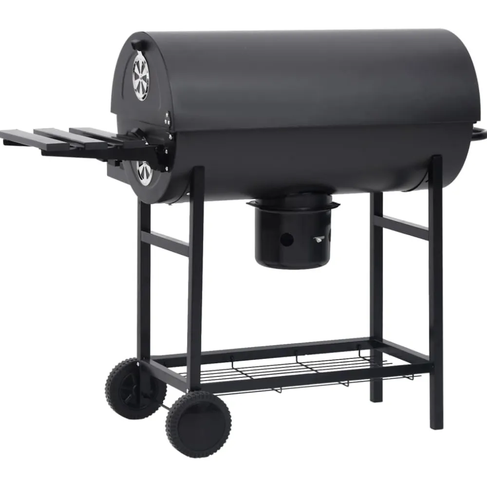 Tynnyrigrilli renkailla ja hyllyillä teräs 115x85x95 cm musta*FinePRICE Discount