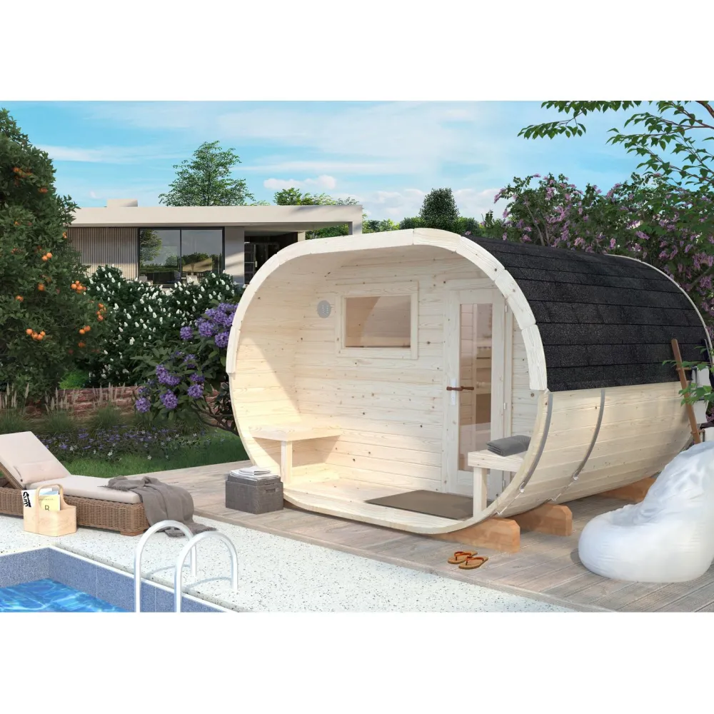 Discount Tynnyrisauna Anette 328x270cm Pihasaunat Ilman Rakennuslupaa|Tynnyrisaunat