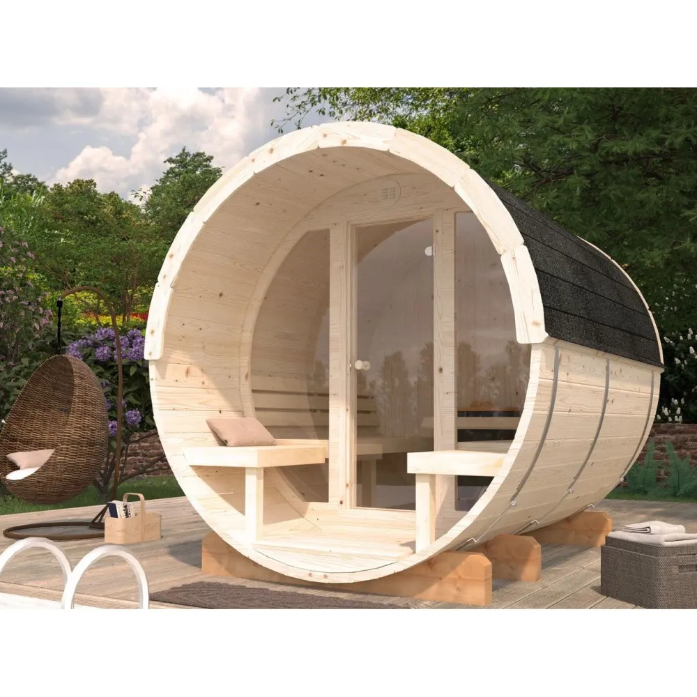 Tynnyrisauna Anita 1,3+0,7 m², ikkunoilla*Palmako Best