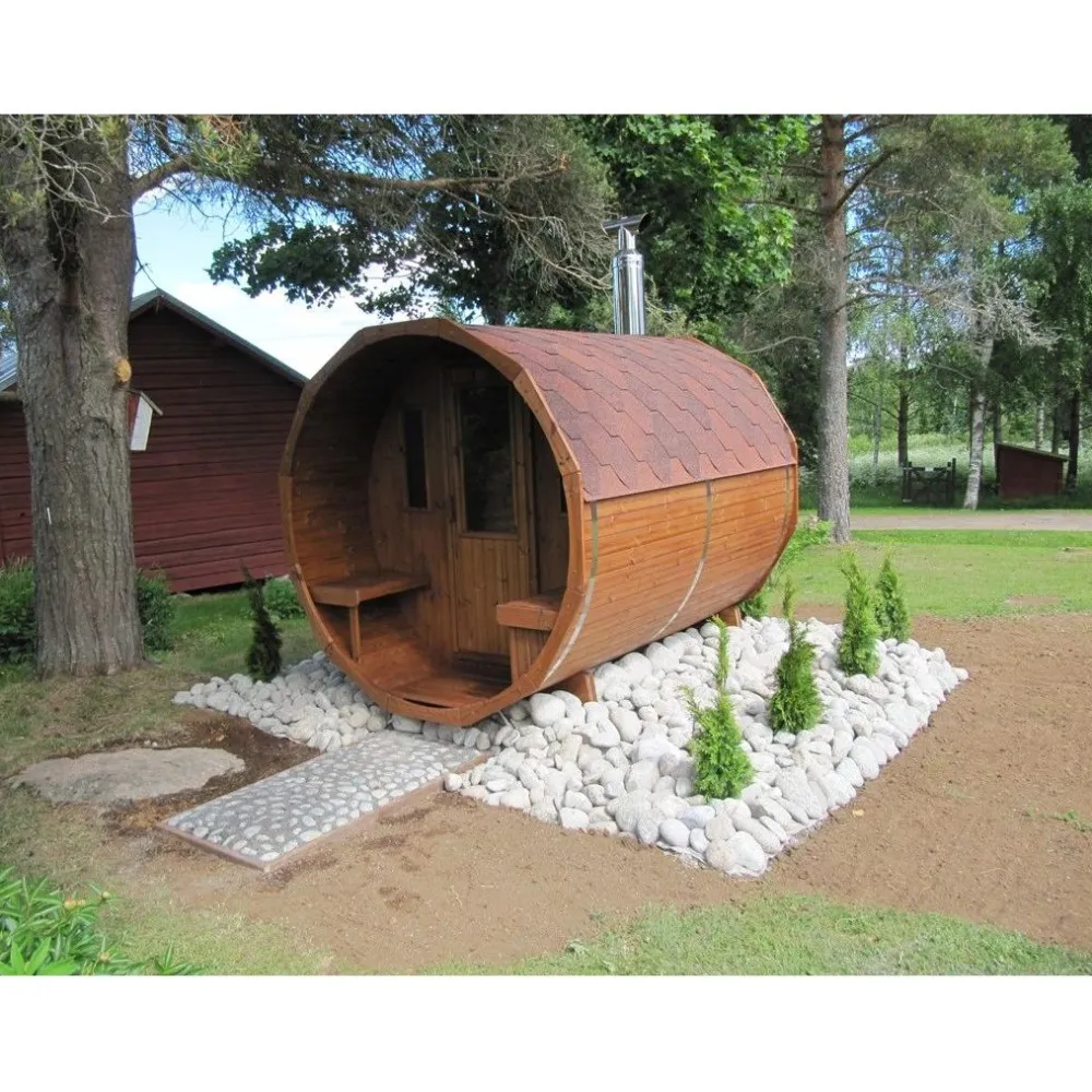 Discount Tynnyrisauna vaakamalli Ø200x260cm lämpöpuu sis. puukiukaan ja savupiipun Pihasaunat Ilman Rakennuslupaa|Tynnyrisaunat
