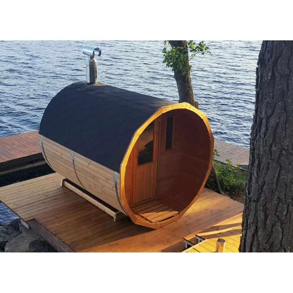 Discount Tynnyrisauna vaakamalli Ø200x260cm lämpöpuu sis. puukiukaan ja savupiipun Pihasaunat Ilman Rakennuslupaa|Tynnyrisaunat