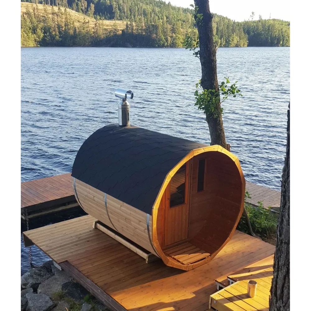 Discount Tynnyrisauna vaakamalli Ø200x260cm lämpöpuu sis. puukiukaan ja savupiipun Pihasaunat Ilman Rakennuslupaa|Tynnyrisaunat
