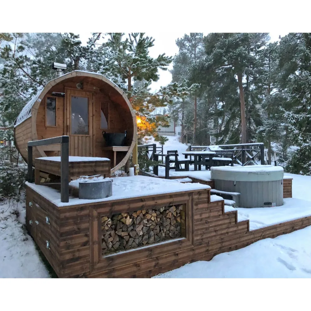 Discount Tynnyrisauna vaakamalli Ø200x260cm lämpöpuu sis. puukiukaan ja savupiipun Pihasaunat Ilman Rakennuslupaa|Tynnyrisaunat