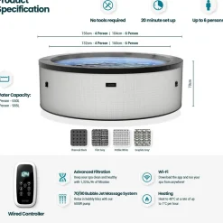 Ulkoporeallas Tahoe, 4 hlöä, 70 suutinta, WiFi, pyöreä, koottava, valkoinen*Wave Spa New