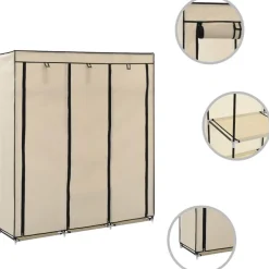 Vaatekaappi lokeroilla ja tangoilla kangas 150cm kerma*FinePRICE Best