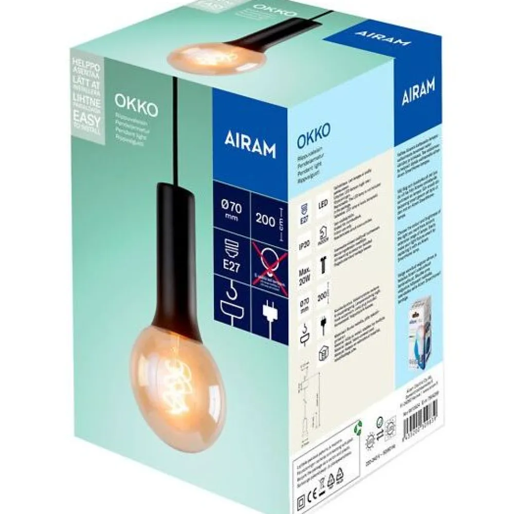 Valaisinripustinjohto Okko, tekstiili, E27, Ø70mm, johto 2m, musta*Airam Discount